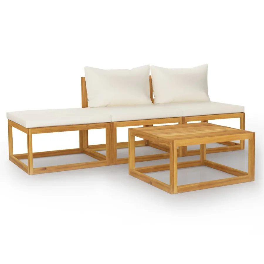 Salon de jardin 4 pcs avec coussin Crème Bois d'acacia solide - 2