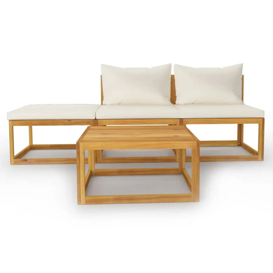 Salon de jardin 4 pcs avec coussin Crème Bois d'acacia solide - 3