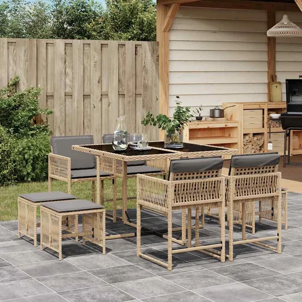Ensemble à manger de jardin et coussins 9 pcs mélange beige