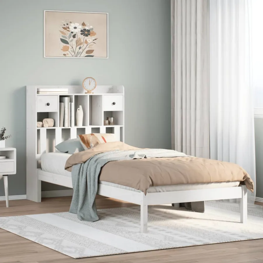 Lit bibliothèque sans matelas blanc 90x200cm bois de pin massif