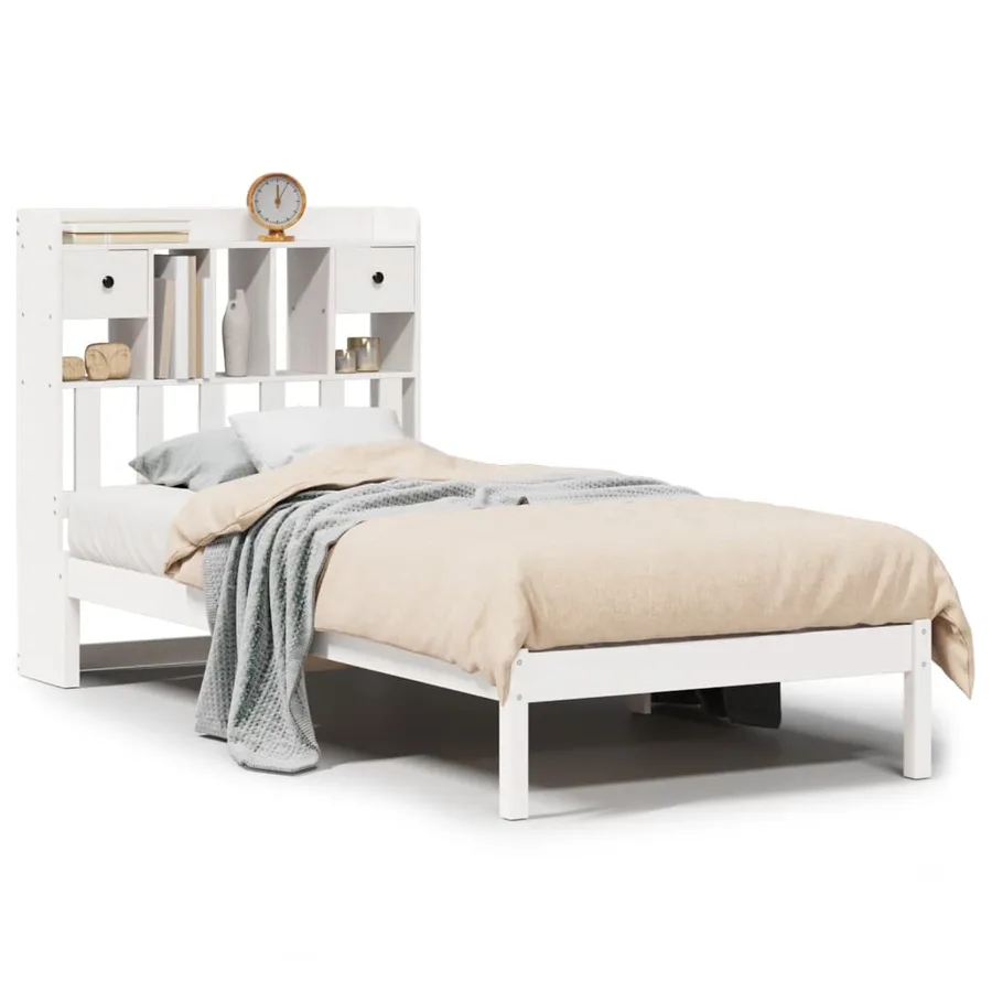 Lit bibliothèque sans matelas blanc 90x200cm bois de pin massif - 2