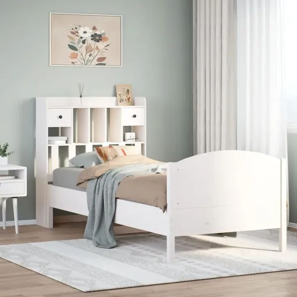 Lit bibliothèque sans matelas blanc 90x200cm bois de pin massif