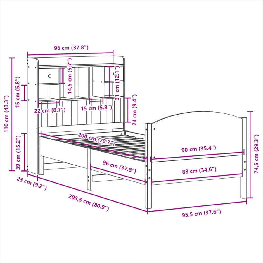 Lit bibliothèque sans matelas blanc 90x200cm bois de pin massif - 11
