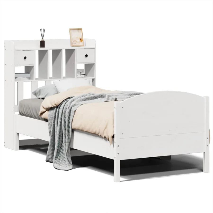 Lit bibliothèque sans matelas blanc 90x200cm bois de pin massif - 2