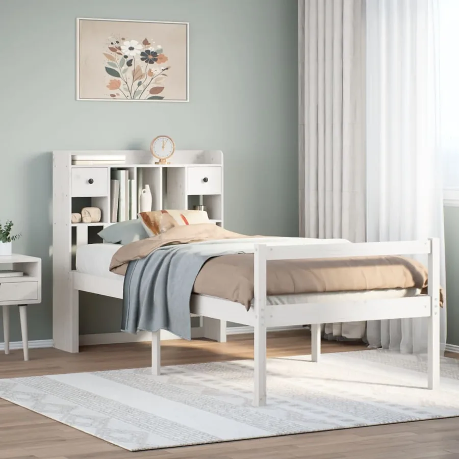 Lit bibliothèque sans matelas blanc 90x190cm bois de pin massif