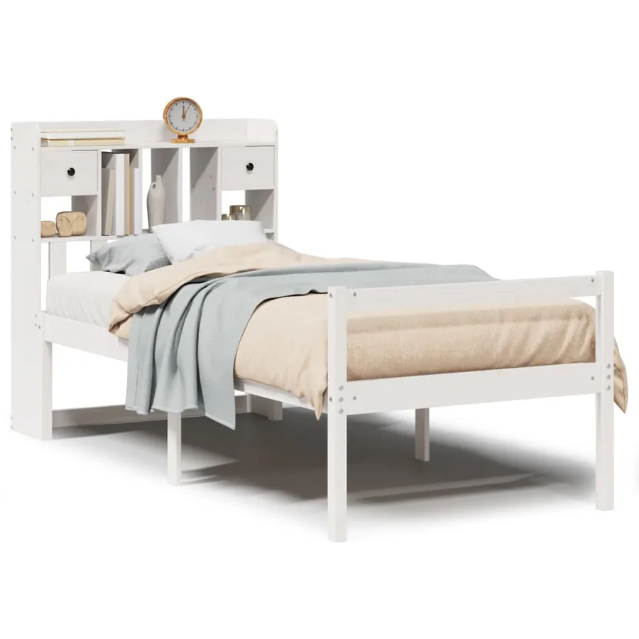 Lit bibliothèque sans matelas blanc 90x190cm bois de pin massif - 2