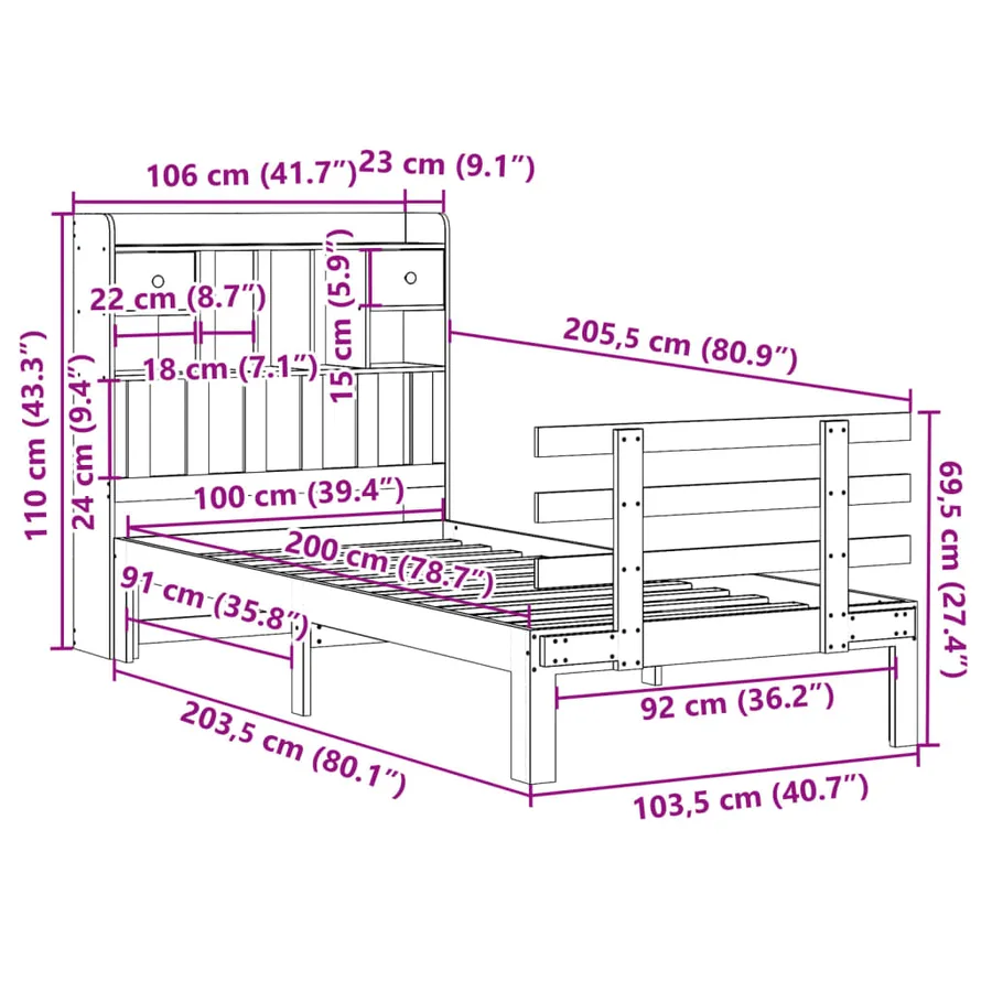 Lit bibliothèque sans matelas 100x200 cm bois massif de pin - 11