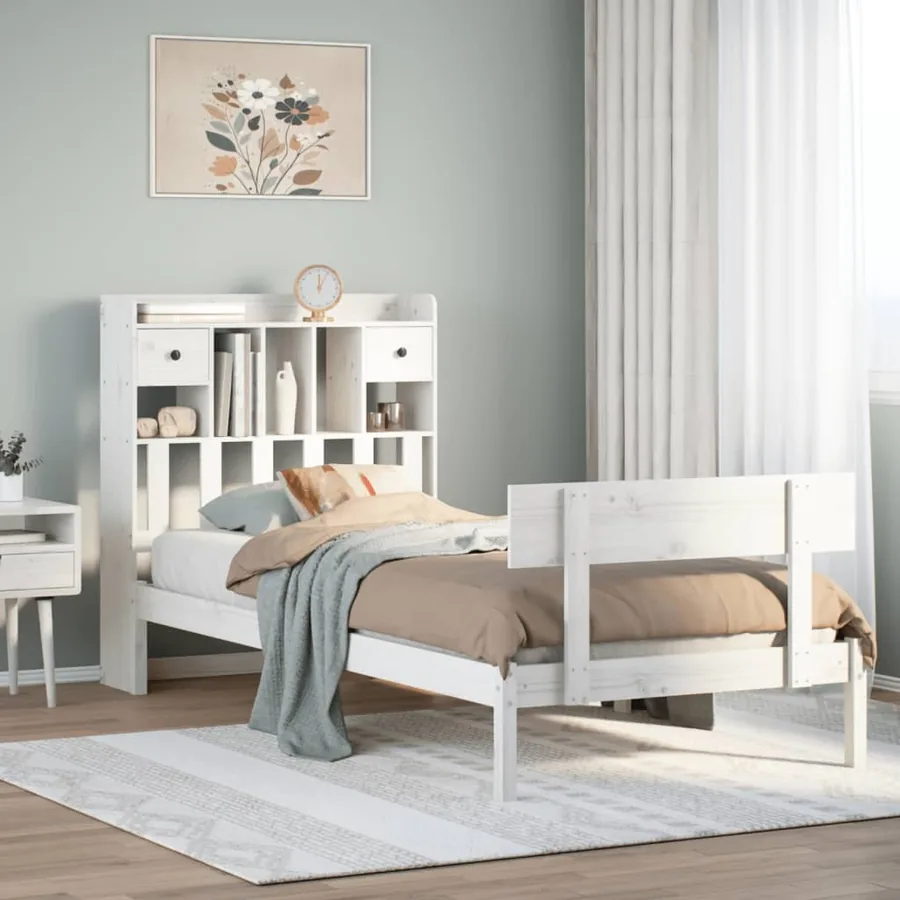 Lit bibliothèque sans matelas blanc 90x200cm bois de pin massif
