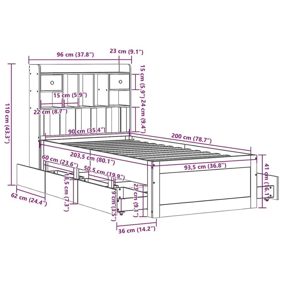 Lit bibliothèque sans matelas blanc 90x200cm bois de pin massif - 16
