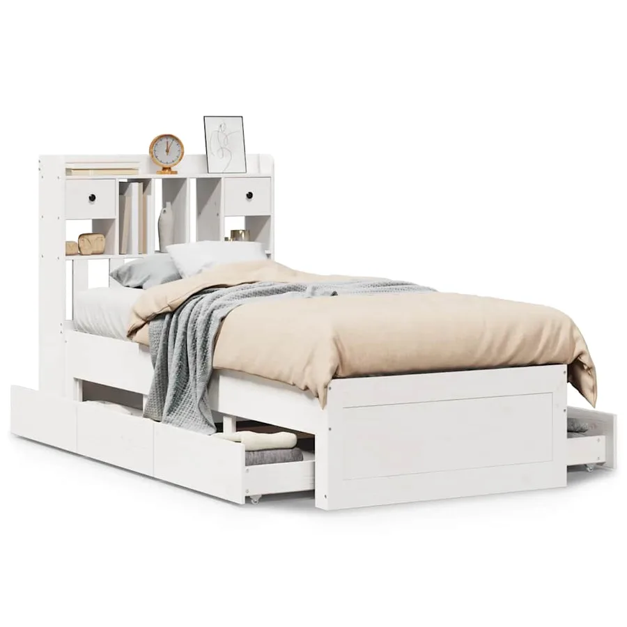 Lit bibliothèque sans matelas blanc 90x200cm bois de pin massif - 2