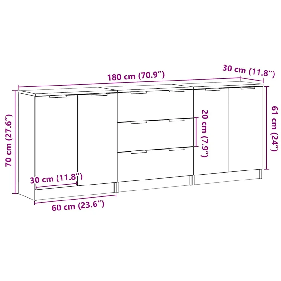 Buffets 3 pcs chêne artisanal 60x30x70 cm bois d'ingénierie - 9