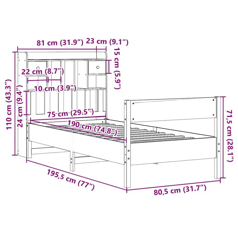 Lit bibliothèque sans matelas 75x190 cm bois de pin massif - 11