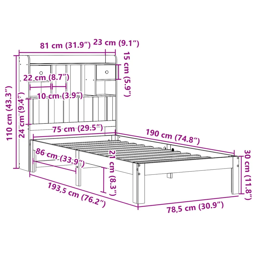Lit bibliothèque sans matelas 75x190 cm bois de pin massif - 11