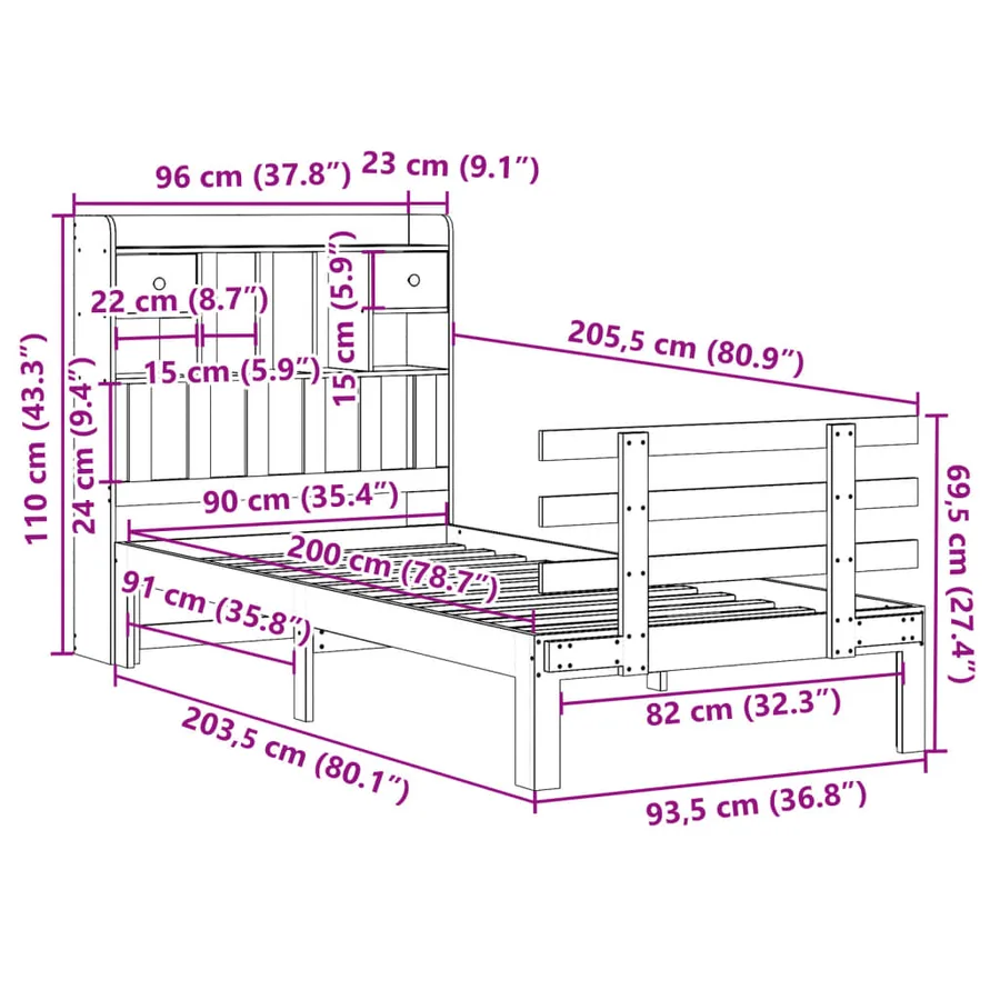 Lit bibliothèque sans matelas 90x200 cm bois de pin massif - 11