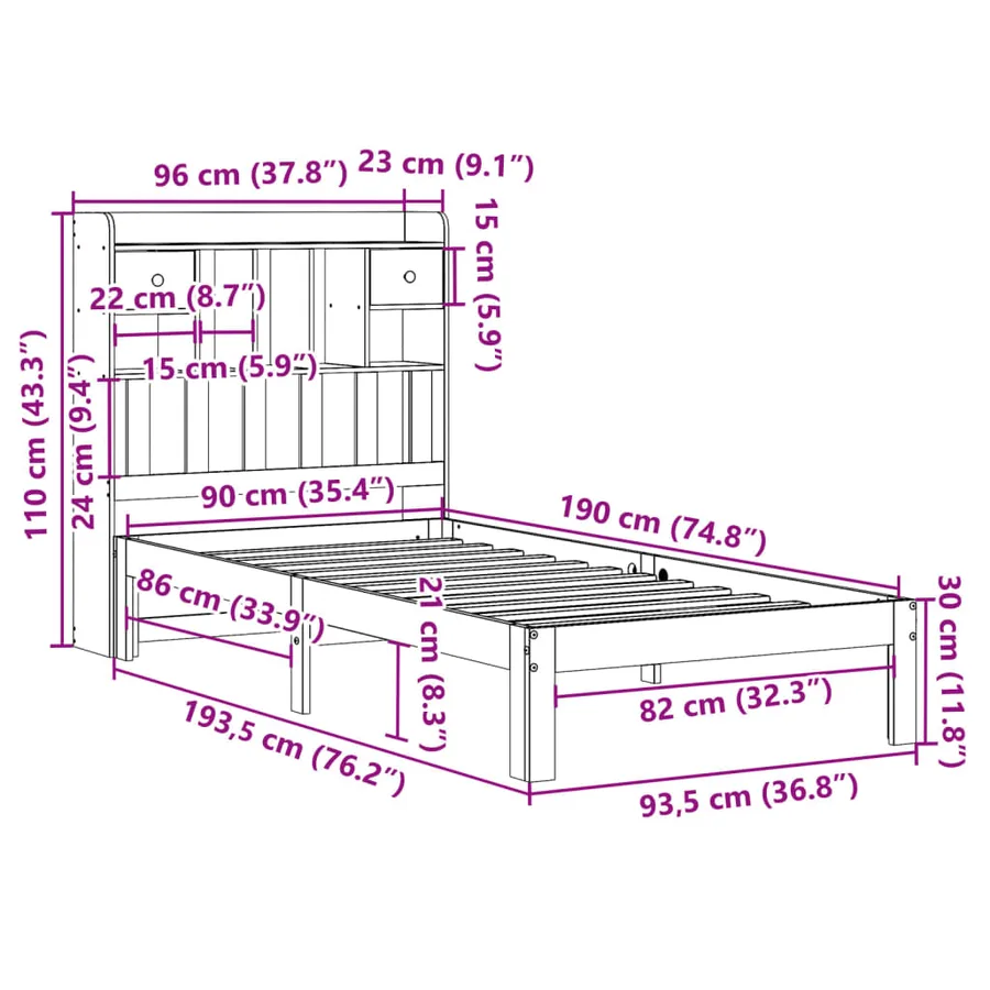Lit bibliothèque sans matelas 90x190 cm bois de pin massif - 11