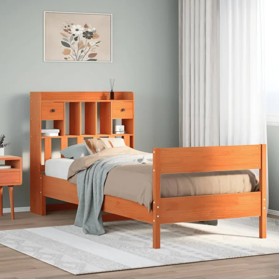 Lit bibliothèque sans matelas cire marron 75x190 cm pin massif
