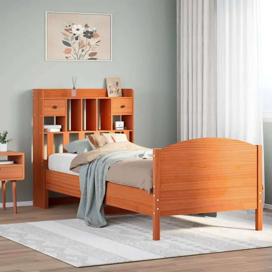 Lit bibliothèque sans matelas cire marron 75x190 cm pin massif