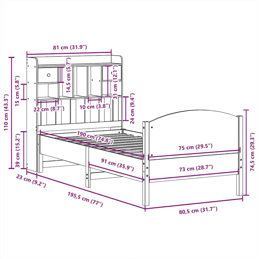 Lit bibliothèque sans matelas cire marron 75x190 cm pin massif - 11