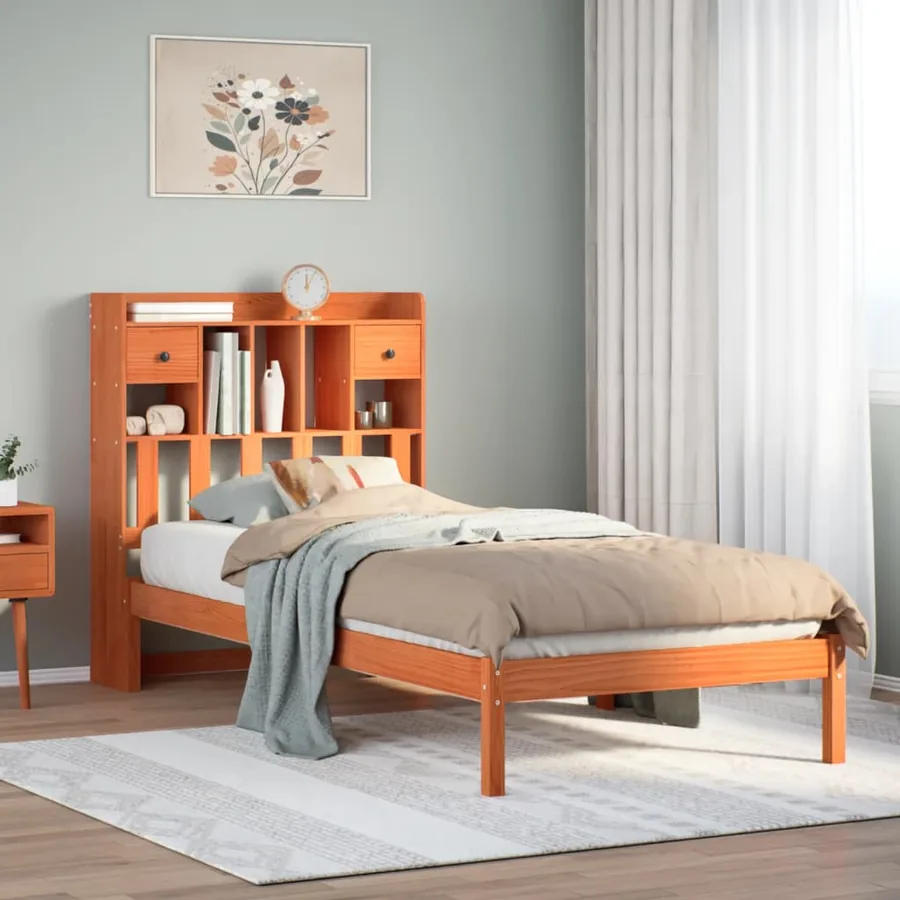 Lit bibliothèque sans matelas cire marron 100x200 cm pin massif