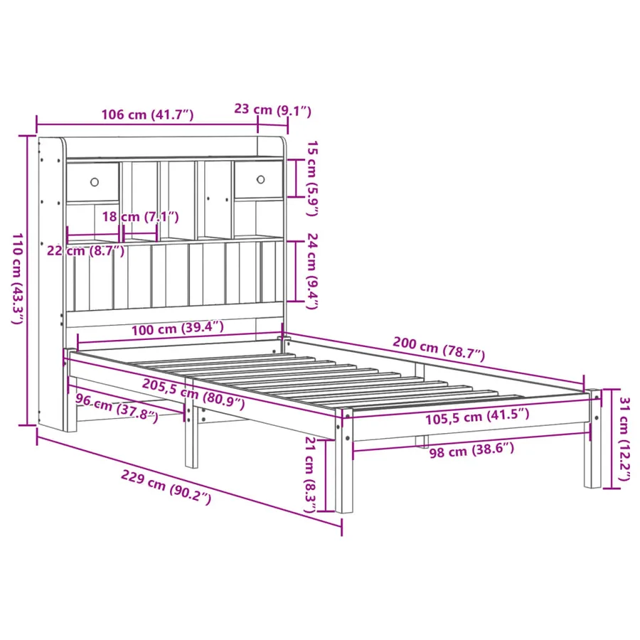 Lit bibliothèque sans matelas cire marron 100x200 cm pin massif - 11