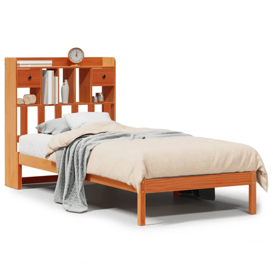 Lit bibliothèque sans matelas cire marron 100x200 cm pin massif - 2