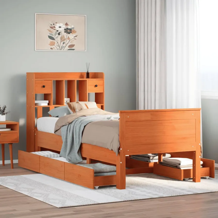 Lit bibliothèque sans matelas cire marron 75x190 cm pin massif