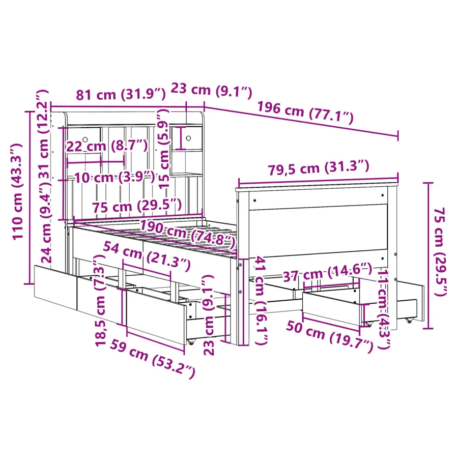 Lit bibliothèque sans matelas cire marron 75x190 cm pin massif - 15