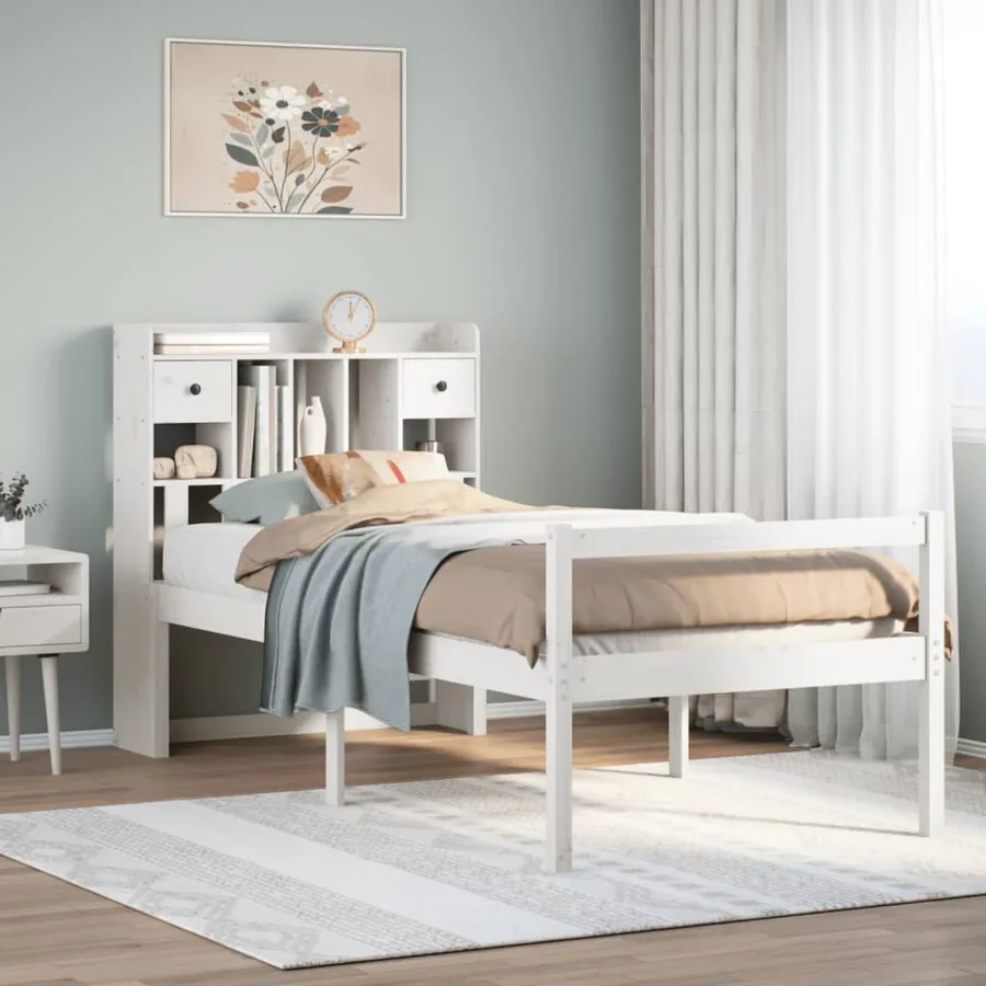 Lit bibliothèque sans matelas blanc 75x190cm bois de pin massif