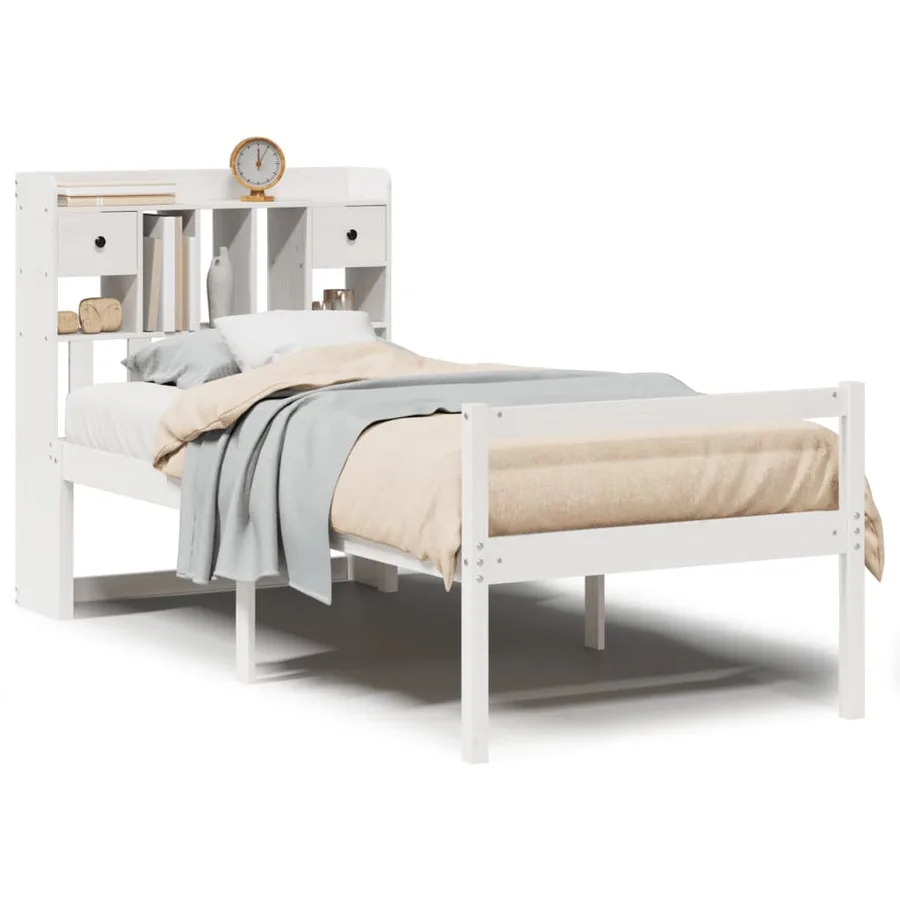 Lit bibliothèque sans matelas blanc 75x190cm bois de pin massif - 2