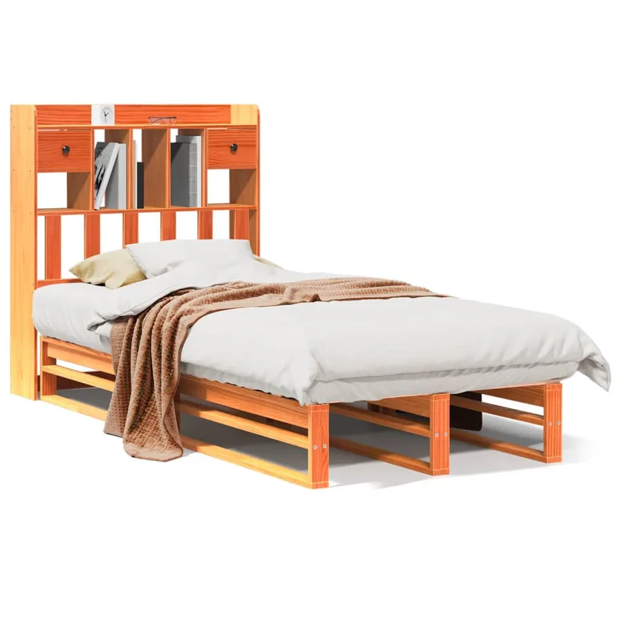 Lit bibliothèque sans matelas cire marron 75x190 cm pin massif - 2