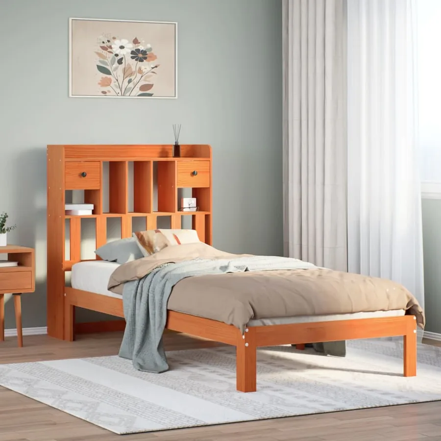 Lit bibliothèque sans matelas cire marron 100x200 cm pin massif