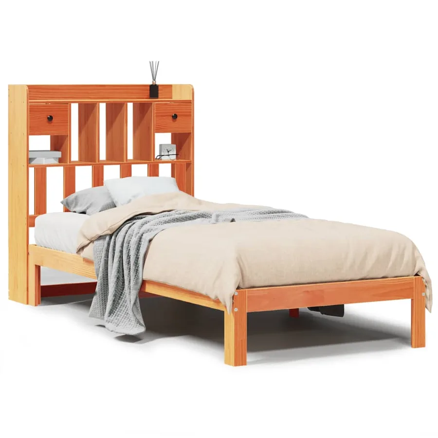 Lit bibliothèque sans matelas cire marron 100x200 cm pin massif - 2