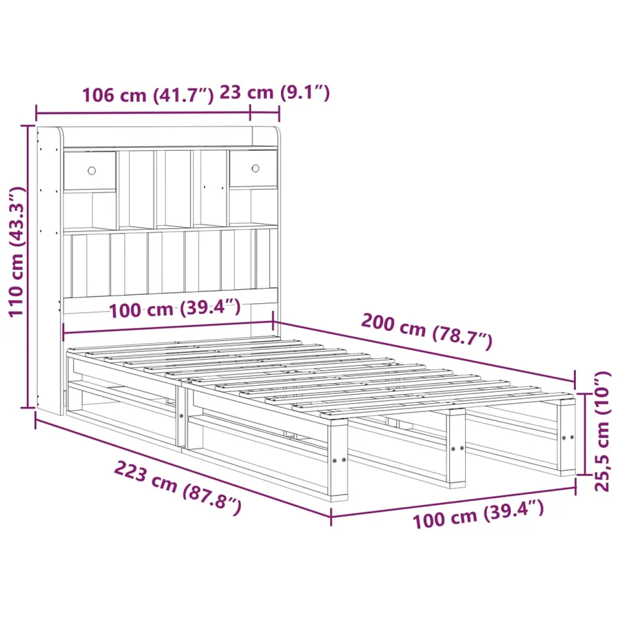 Lit bibliothèque sans matelas cire marron 100x200 cm pin massif - 12