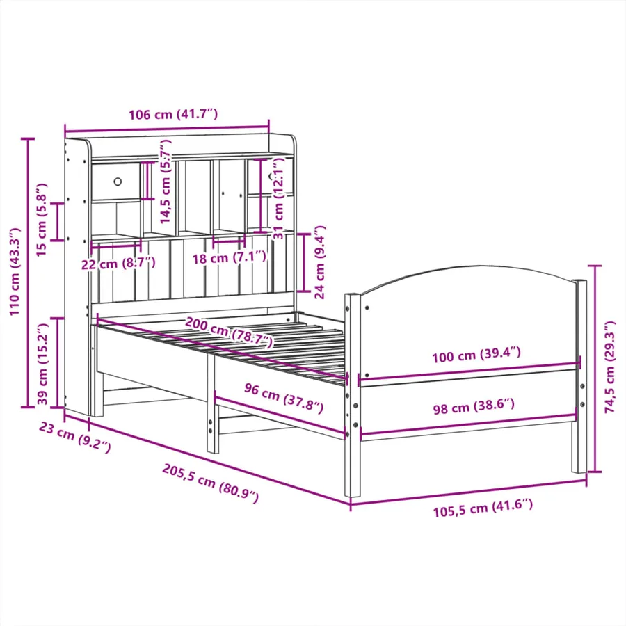 Lit bibliothèque sans matelas cire marron 100x200 cm pin massif - 11