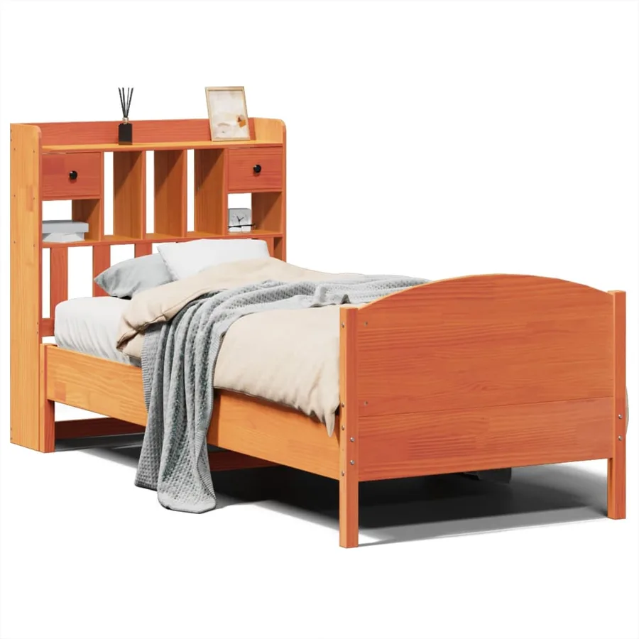 Lit bibliothèque sans matelas cire marron 100x200 cm pin massif - 2