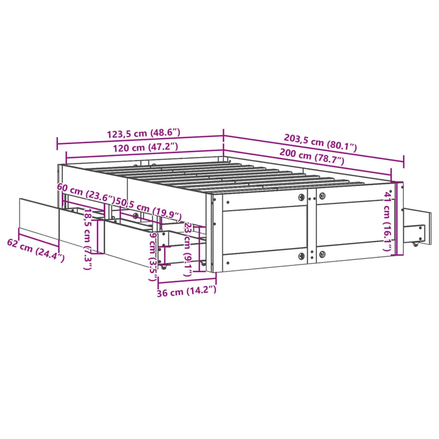 Cadre de lit sans matelas avec tiroirs 120x200 cm bois pin - 13