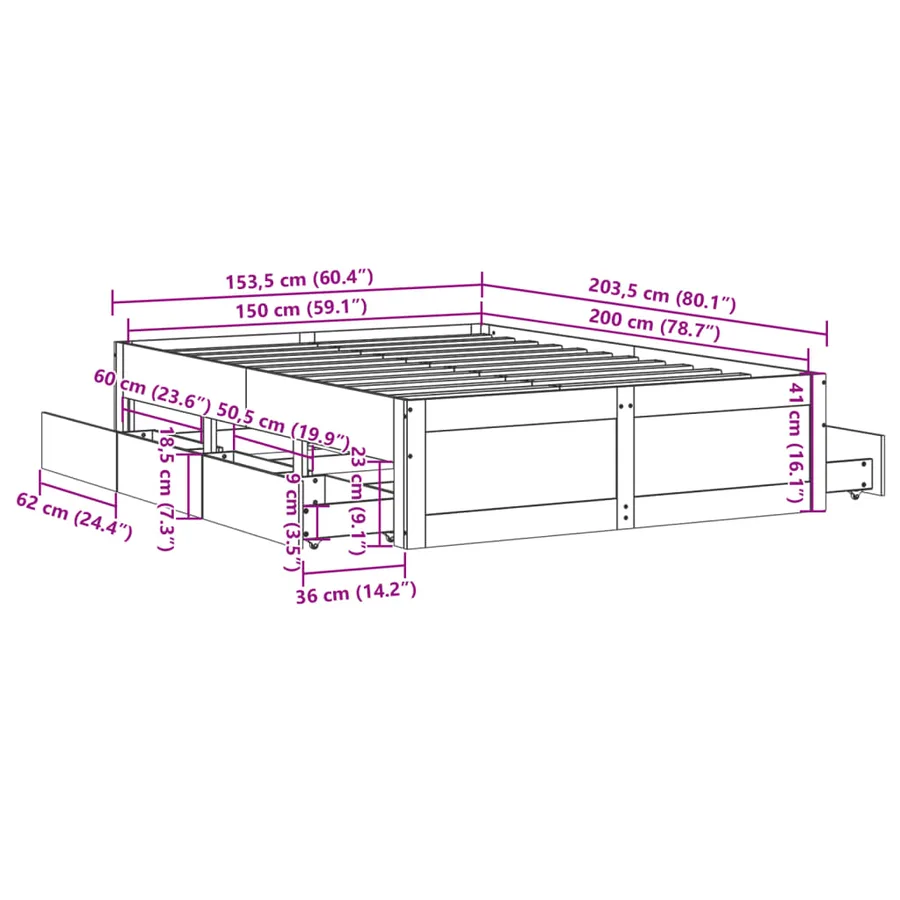 Cadre de lit sans matelas avec tiroirs blanc 150x200 cm pin - 13