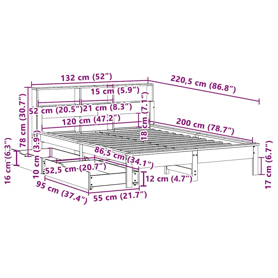 Lit bibliothèque sans matelas 120x200 cm bois de pin massif - 12