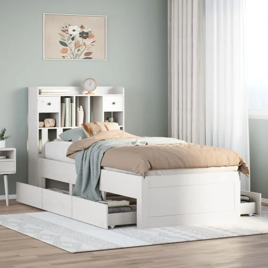 Lit bibliothèque sans matelas blanc 75x190cm bois de pin massif