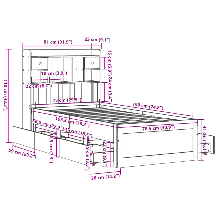Lit bibliothèque sans matelas blanc 75x190cm bois de pin massif - 15