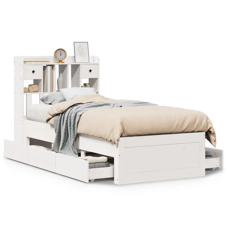 Lit bibliothèque sans matelas blanc 75x190cm bois de pin massif - 2