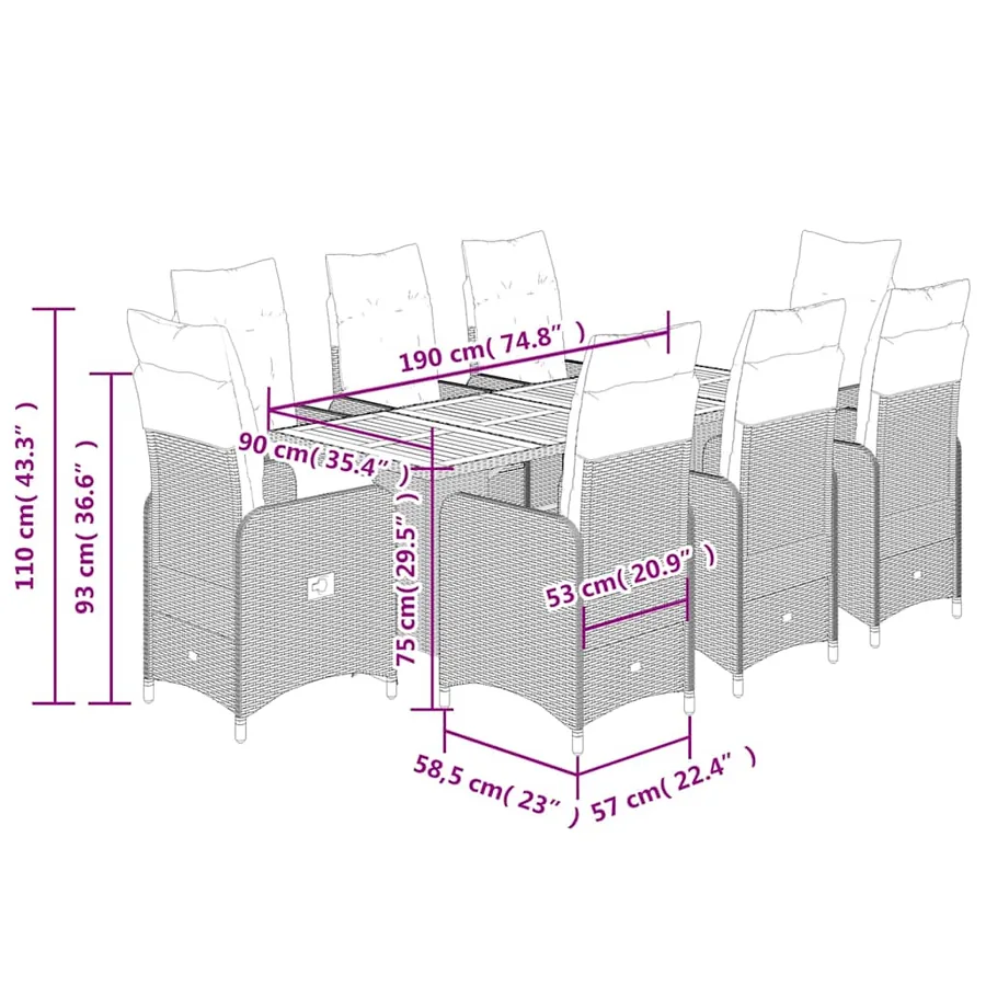 Ensemble de bistro de jardin 9 pcs coussins noir poly rotin - 9