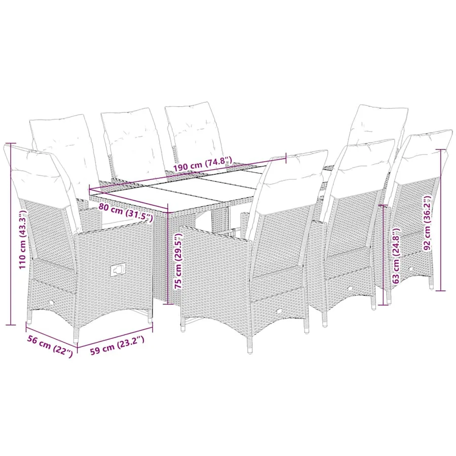 Ensemble à manger de jardin 9pcs coussins noir résine tressée - 7