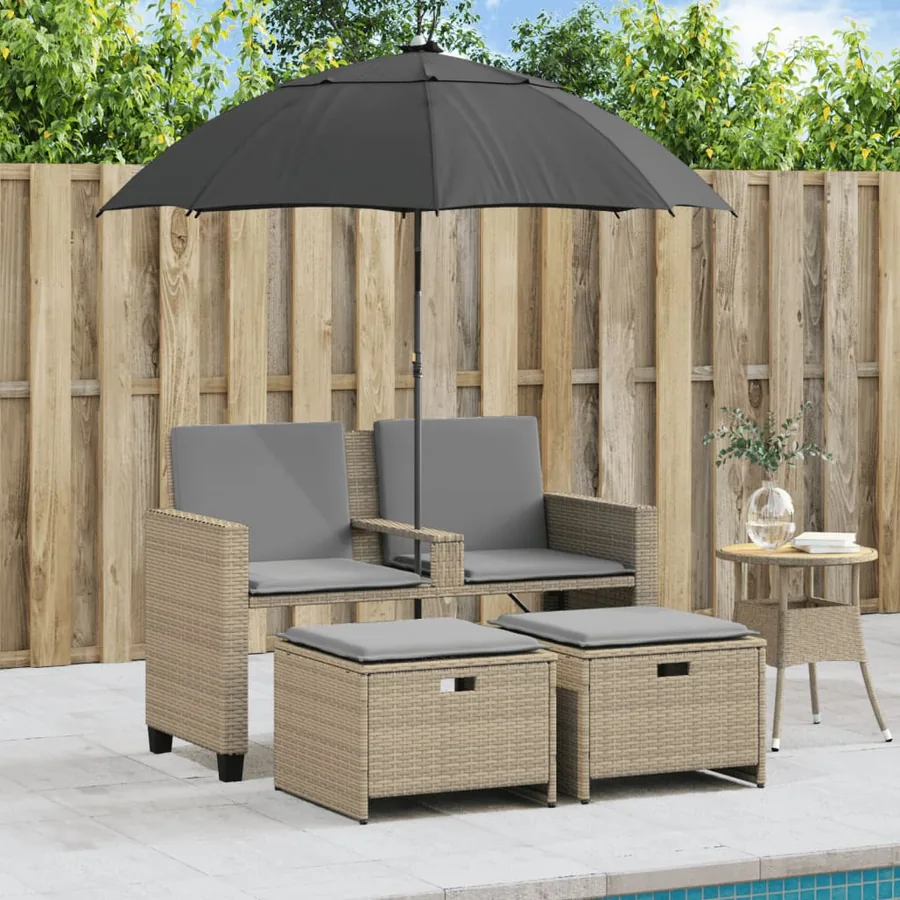 Canapé de jardin 2 places avec parasol et tabourets beige rotin - 3