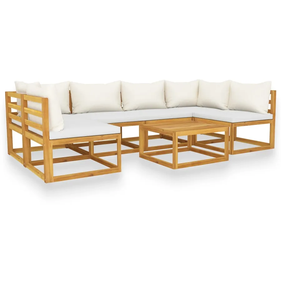 Salon de jardin 7 pcs avec coussin Crème Bois d'acacia solide - 2