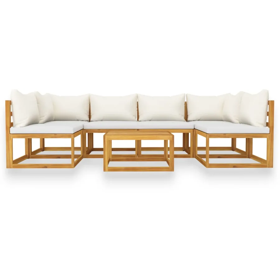 Salon de jardin 7 pcs avec coussin Crème Bois d'acacia solide - 3