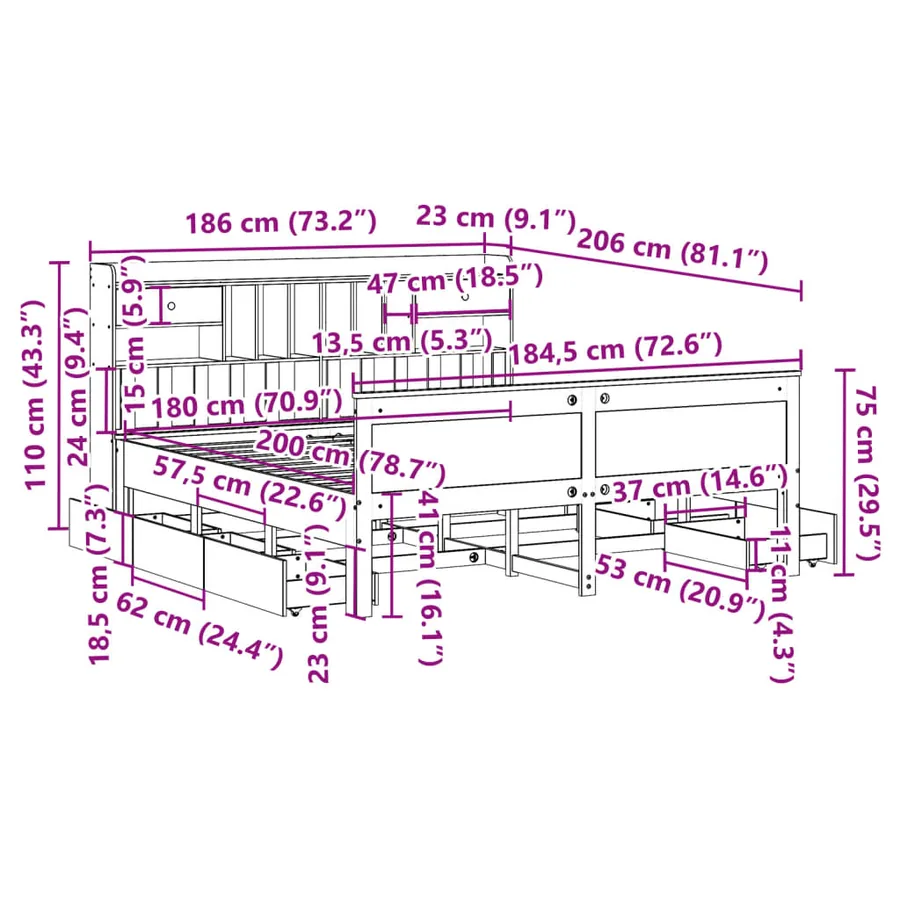 Lit bibliothèque sans matelas blanc 180x200 cm bois pin massif - 16