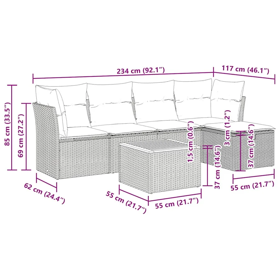Salon de jardin 6 pcs avec coussins gris résine tressée - 12