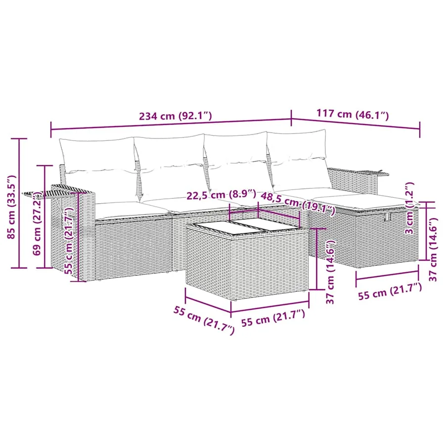 Salon de jardin 6 pcs avec coussins gris résine tressée - 14