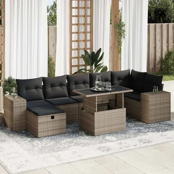 Salon de jardin 5 pcs avec coussins gris résine tressée